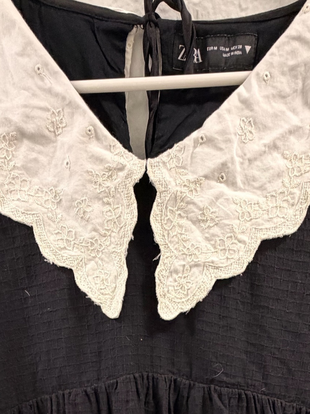 Zara Black Peasant Blouse with White Scalloped Collar